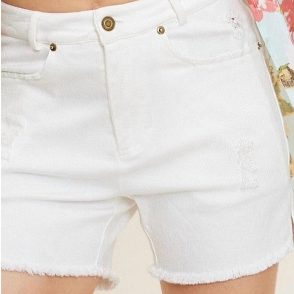 La Miel Solid White Distressed Frayed Hem High Waist Stretch Denim Shorts XL - Picture 2 of 13